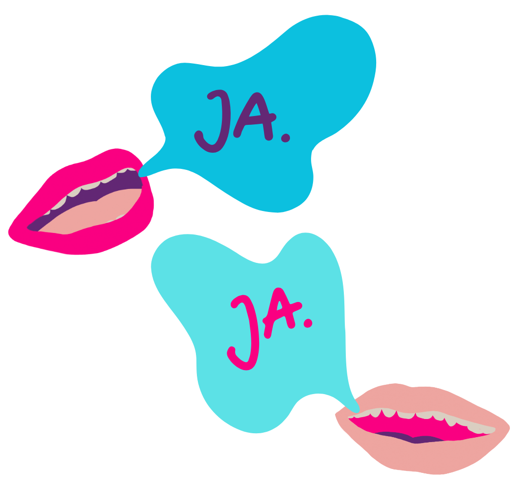 Zwei stilisierte Münder mit Sprechblasen "Ja"