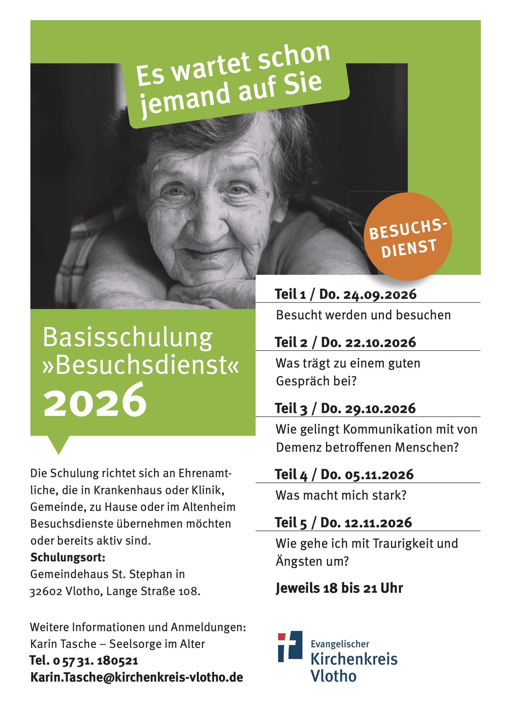 Flyer für die Basisschulung Besuchsdienst 2026, mit dem Bild einer älterem Dame und Daten und Informationen zur Schulung